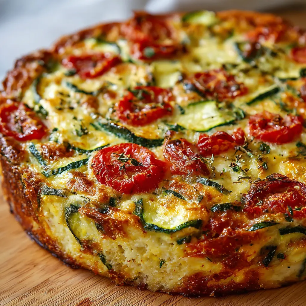 Crustless zucchini tomato quiche in a pie dish topped with sliced tomatoes and fresh basil