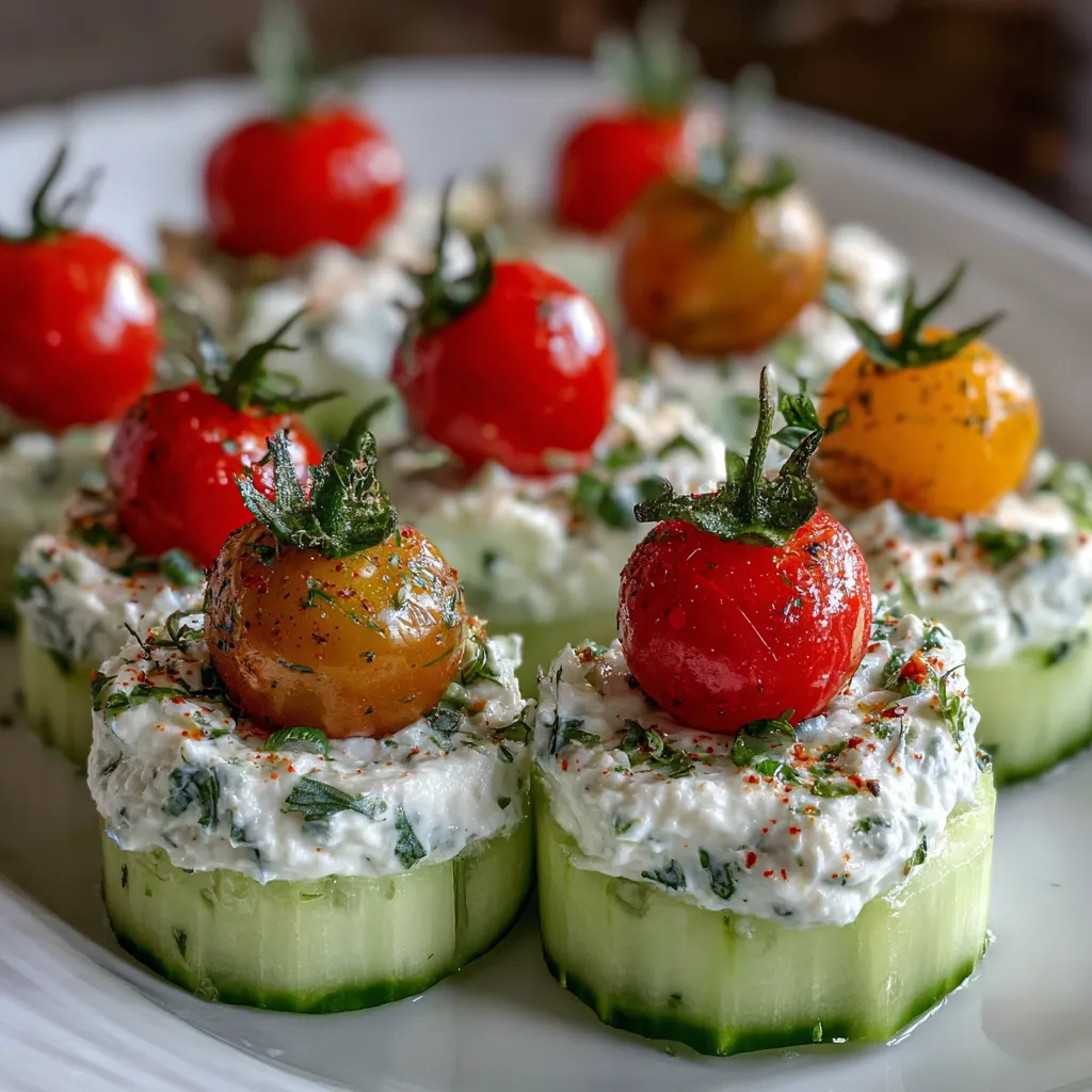 Fresh cucumber bites topped with herbed cream cheese and cherry tomato on a white platter.