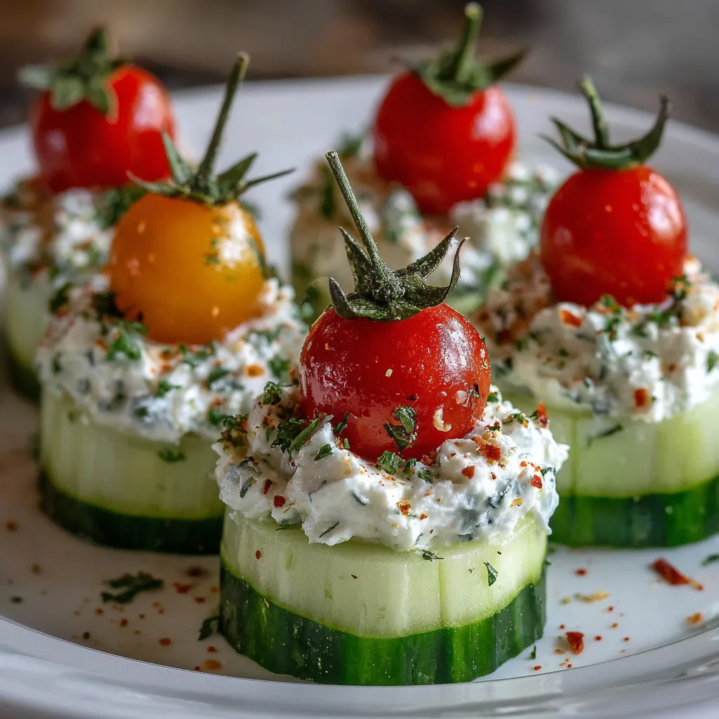 Fresh cucumber bites topped with herbed cream cheese and cherry tomato on a white platter.