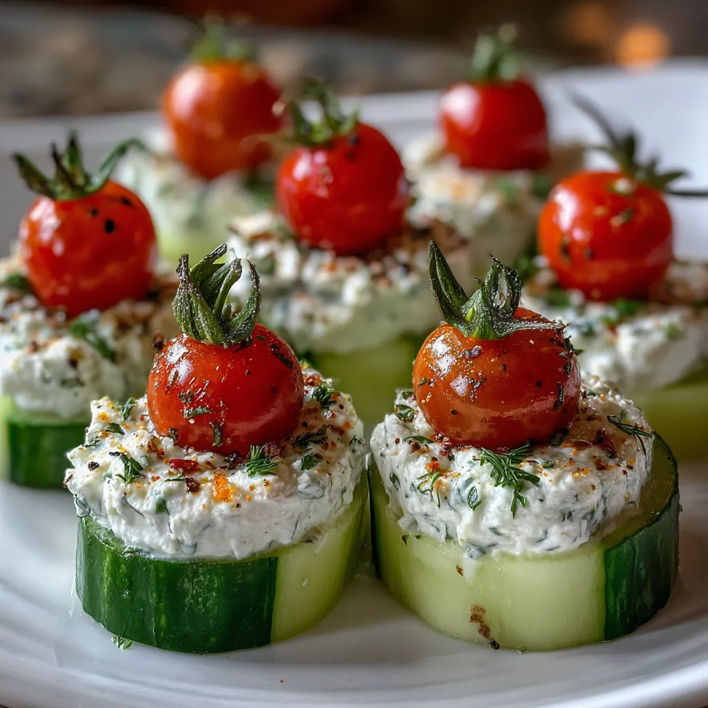 Fresh cucumber bites topped with herbed cream cheese and cherry tomato on a white platter.