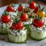 Fresh cucumber bites topped with herbed cream cheese and cherry tomato on a white platter.