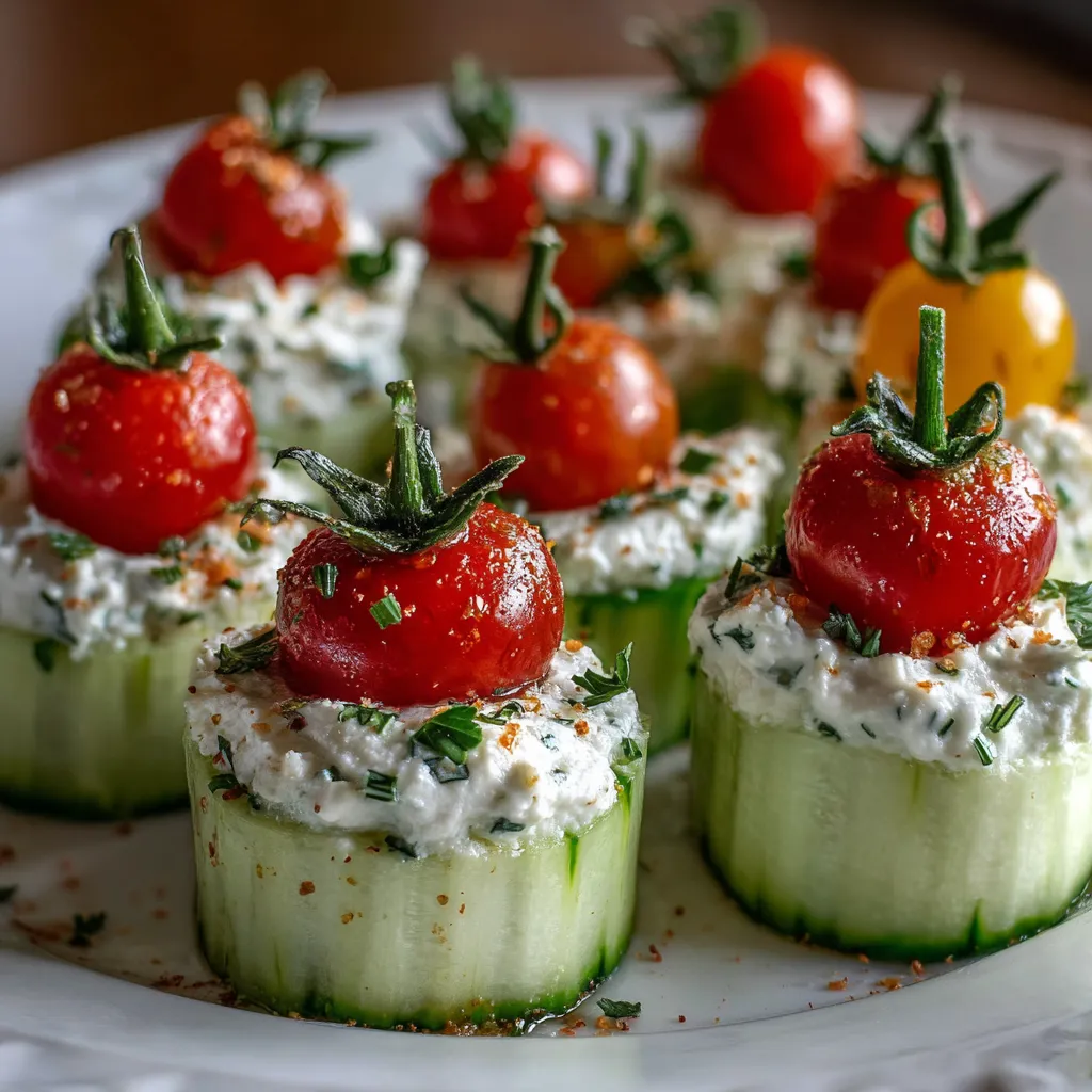 Fresh cucumber bites topped with herbed cream cheese and cherry tomato on a white platter.