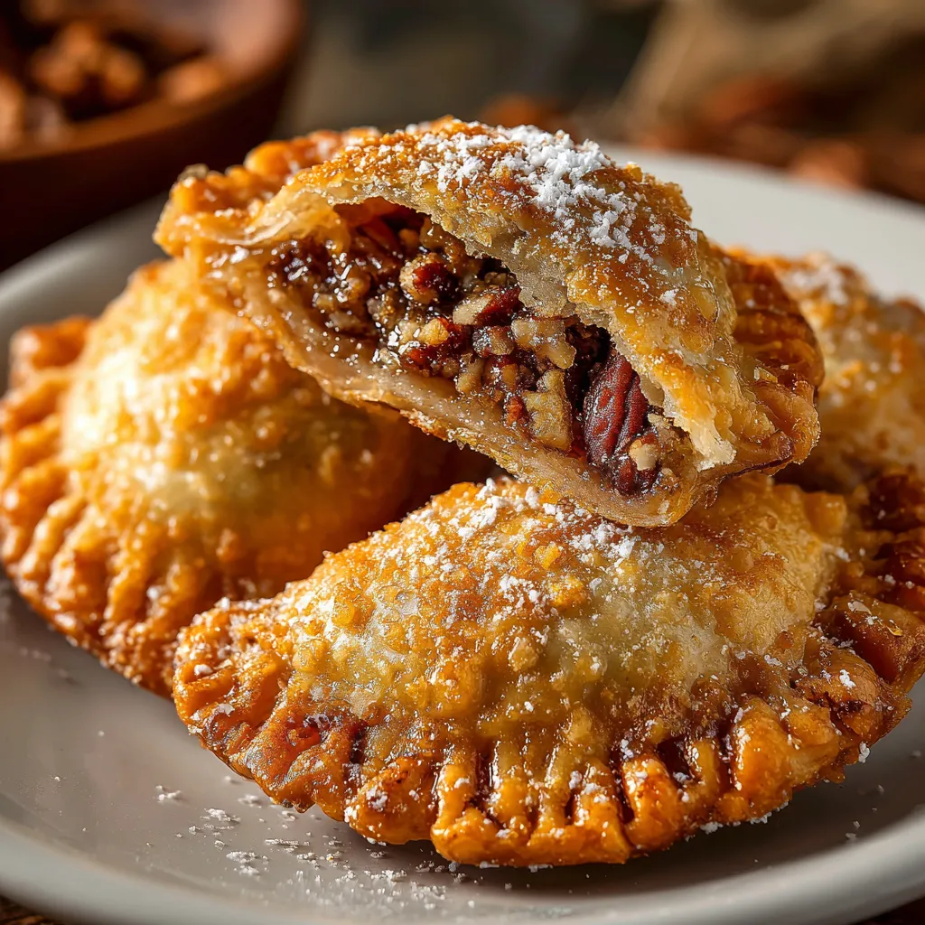 Deep Fried Pecan Pies with a crispy crust and gooey pecan filling, served warm and dusted with powdered sugar