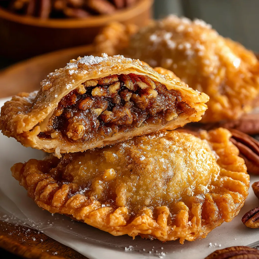 Deep Fried Pecan Pies with a crispy crust and gooey pecan filling, served warm and dusted with powdered sugar