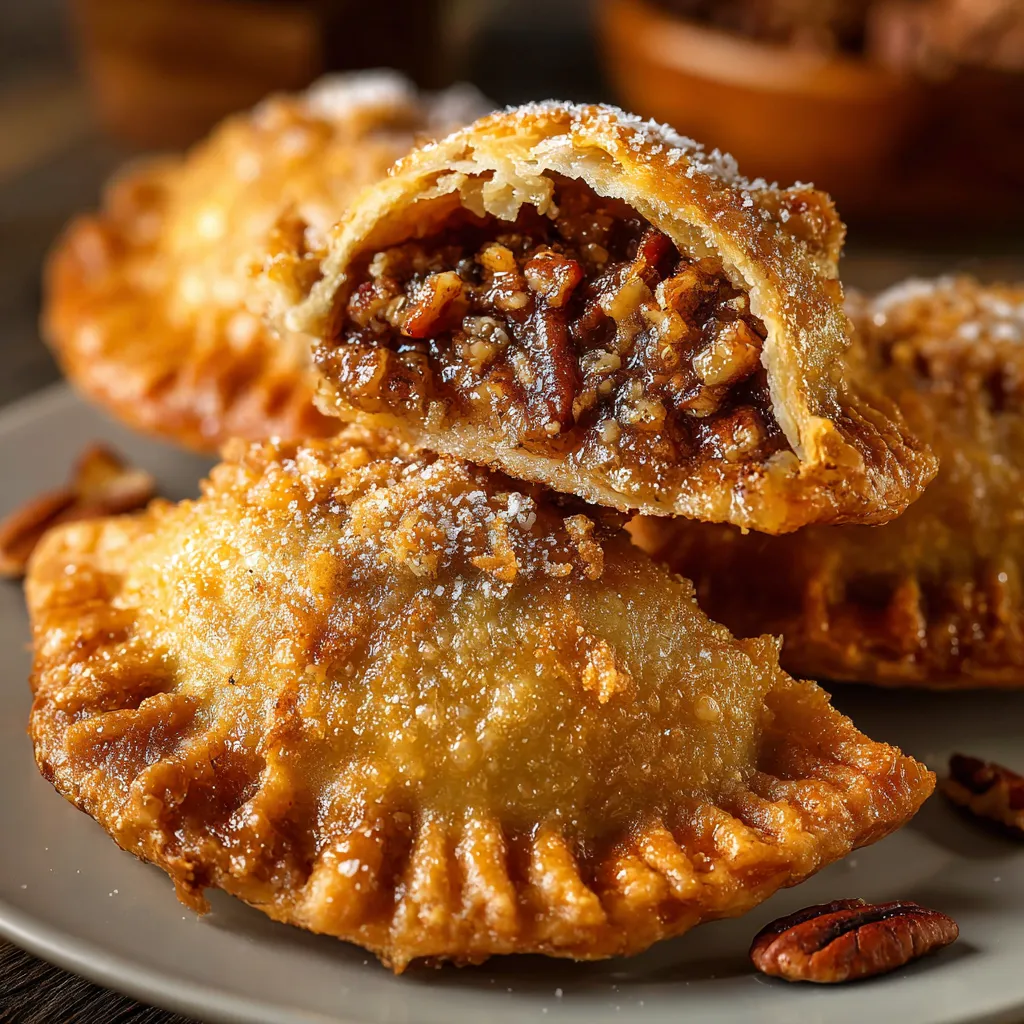 Deep Fried Pecan Pies with a crispy crust and gooey pecan filling, served warm and dusted with powdered sugar
