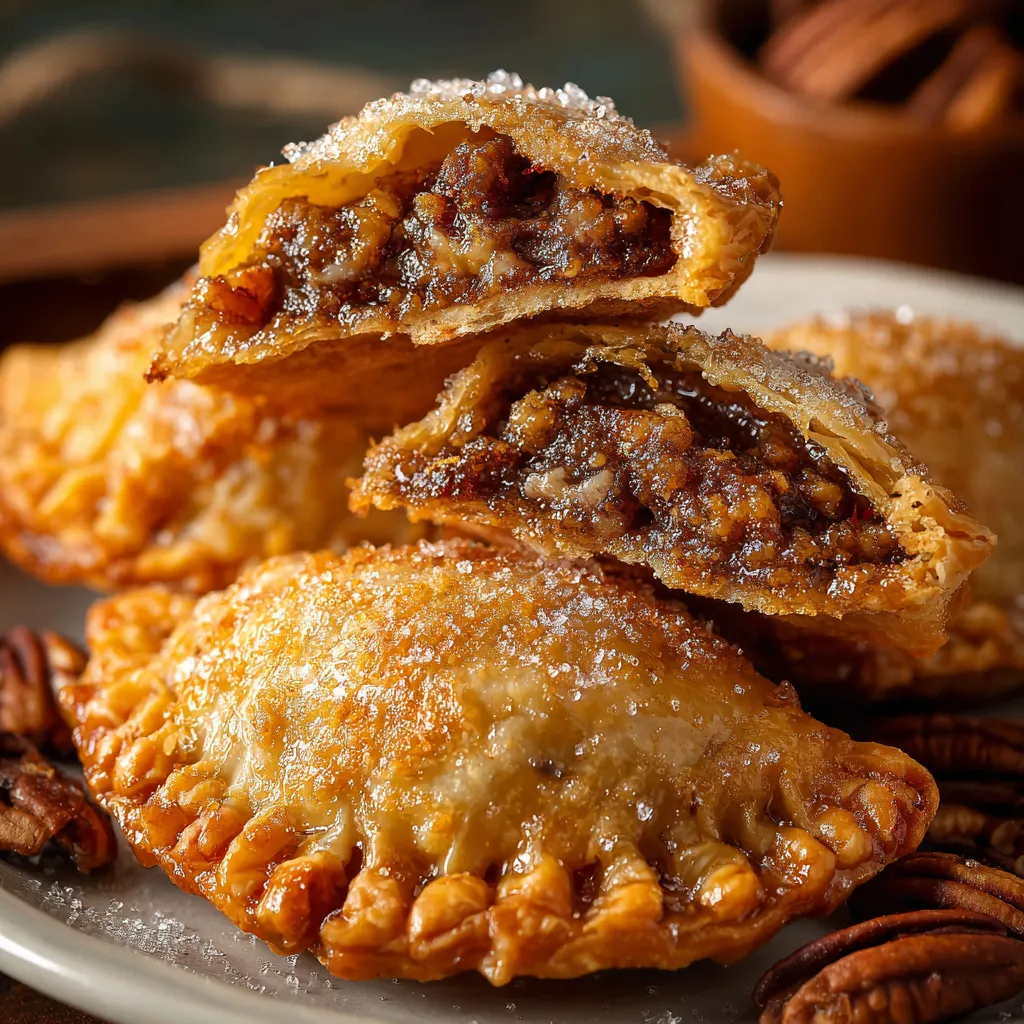 Deep Fried Pecan Pies with a crispy crust and gooey pecan filling, served warm and dusted with powdered sugar