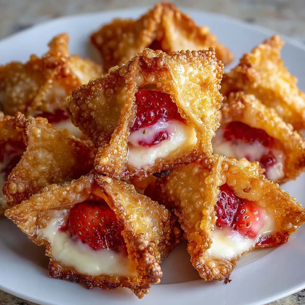 Crispy golden wontons filled with creamy strawberry cheesecake, dusted with powdered sugar, served on a white plate.