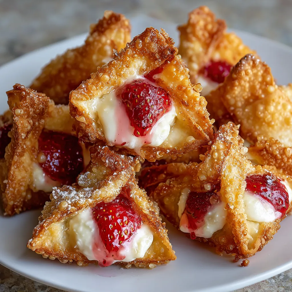 Crispy golden wontons filled with creamy strawberry cheesecake, dusted with powdered sugar, served on a white plate.