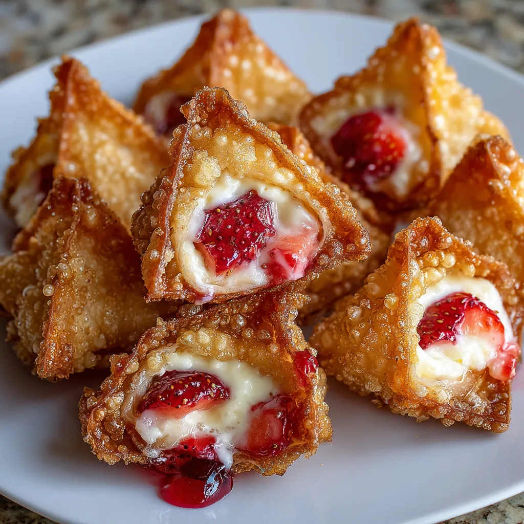 Crispy golden wontons filled with creamy strawberry cheesecake, dusted with powdered sugar, served on a white plate.