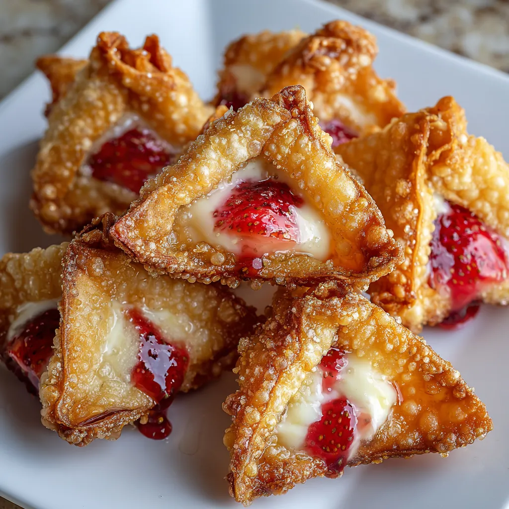 Crispy golden wontons filled with creamy strawberry cheesecake, dusted with powdered sugar, served on a white plate.