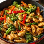 Easy chicken stir fry with vegetables and soy-based sauce served over white rice in a bowl