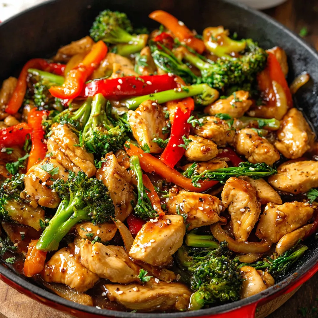 Easy chicken stir fry with vegetables and soy-based sauce served over white rice in a bowl