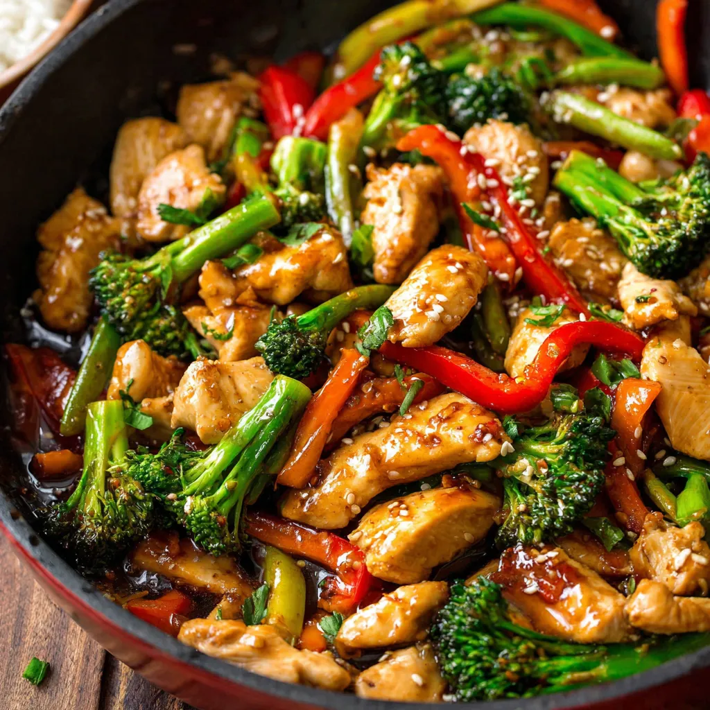 Easy chicken stir fry with vegetables and soy-based sauce served over white rice in a bowl