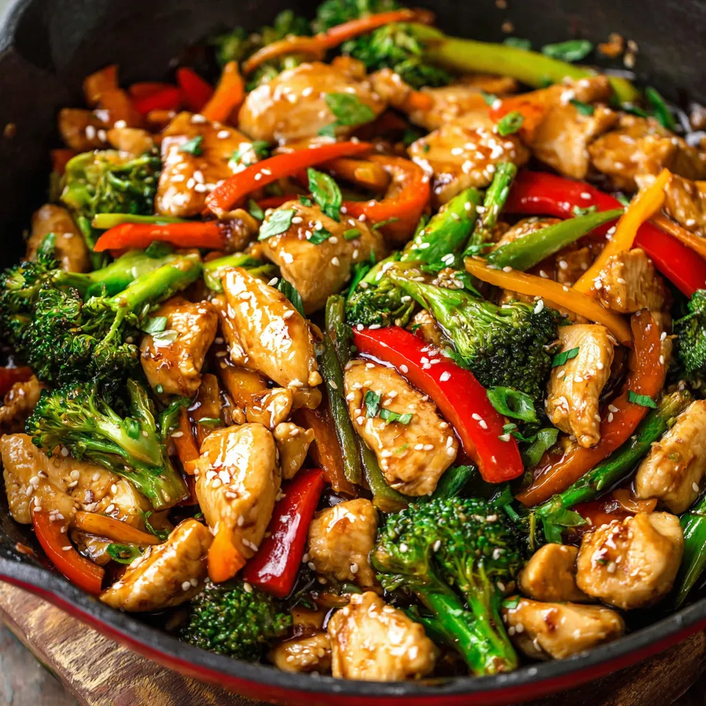 Easy chicken stir fry with vegetables and soy-based sauce served over white rice in a bowl
