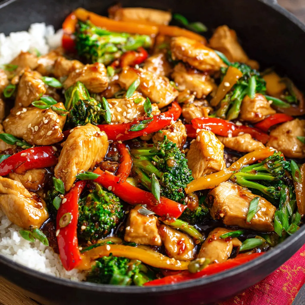 Easy chicken stir fry with vegetables and soy-based sauce served over white rice in a bowl
