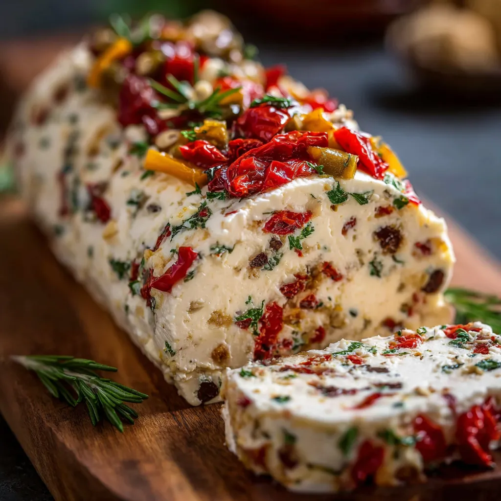 Festive cream cheese log garnished with parsley and red peppers, served with crackers