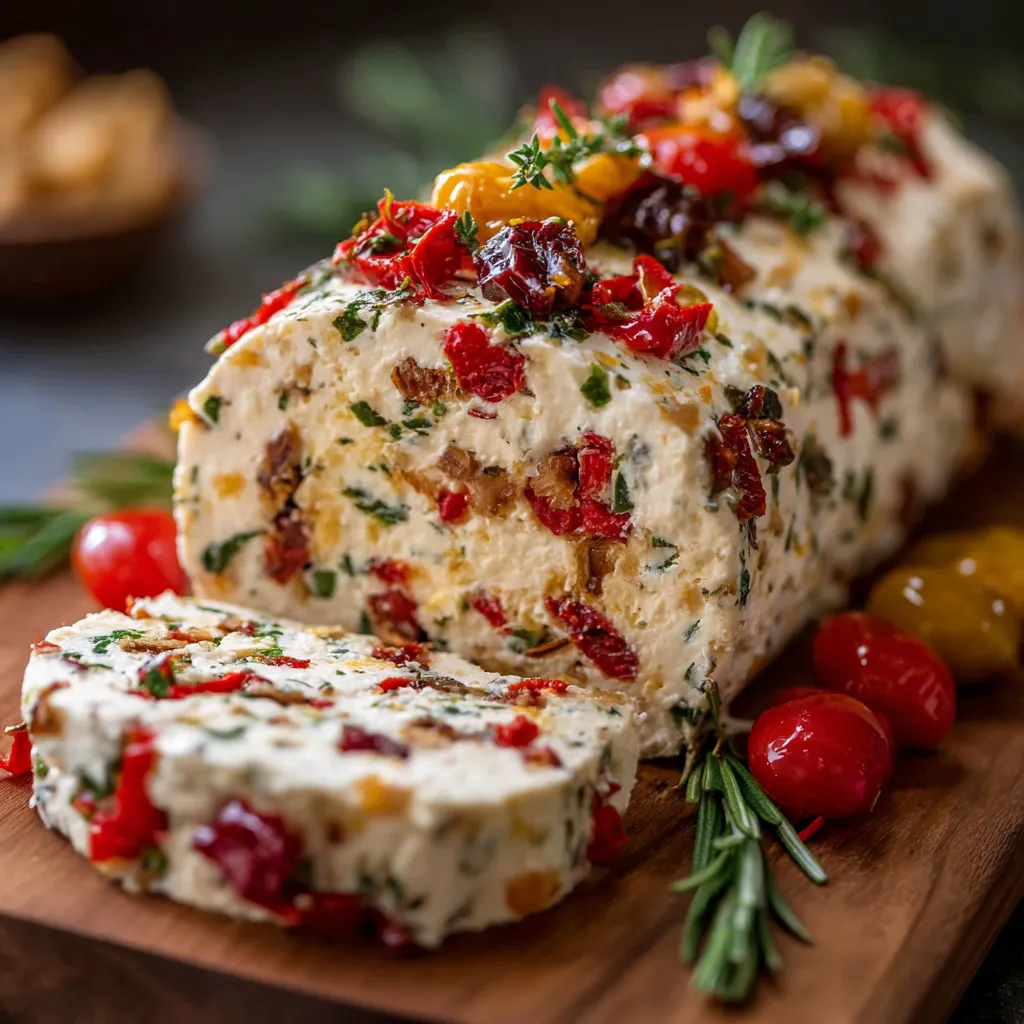 Festive cream cheese log garnished with parsley and red peppers, served with crackers