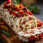 Festive cream cheese log garnished with parsley and red peppers, served with crackers