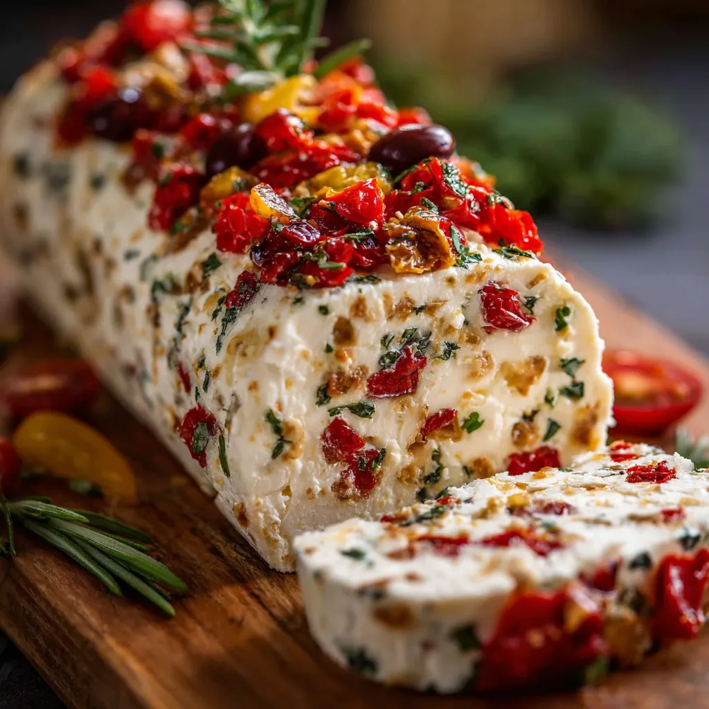 Festive cream cheese log garnished with parsley and red peppers, served with crackers