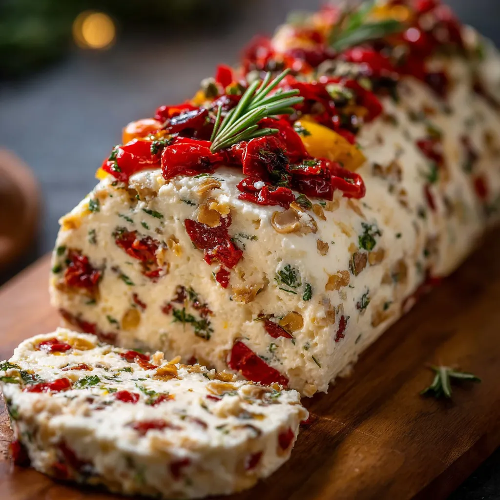 Festive cream cheese log garnished with parsley and red peppers, served with crackers