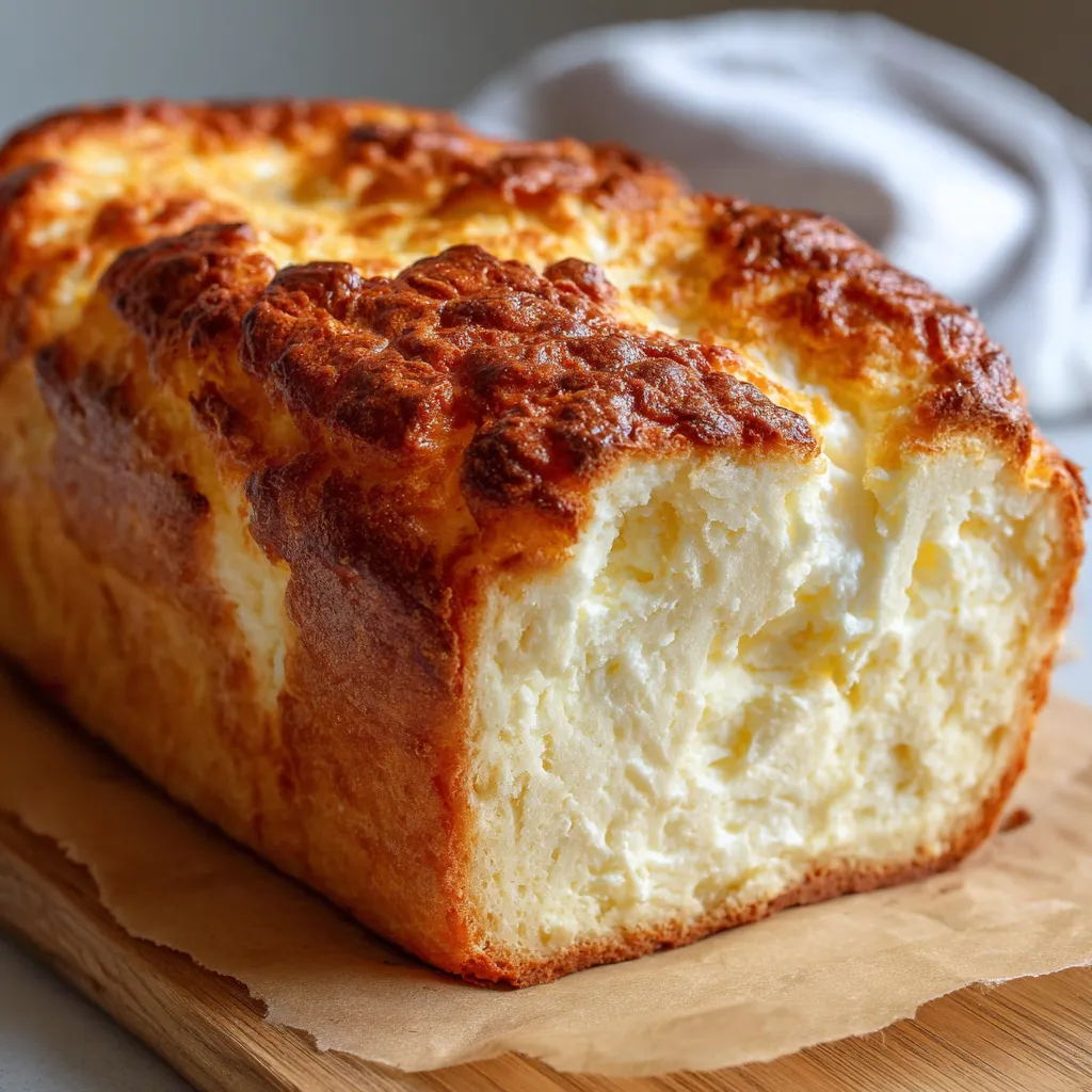 Sliced fluffy cottage cheese bread on a wooden board with butter on the side