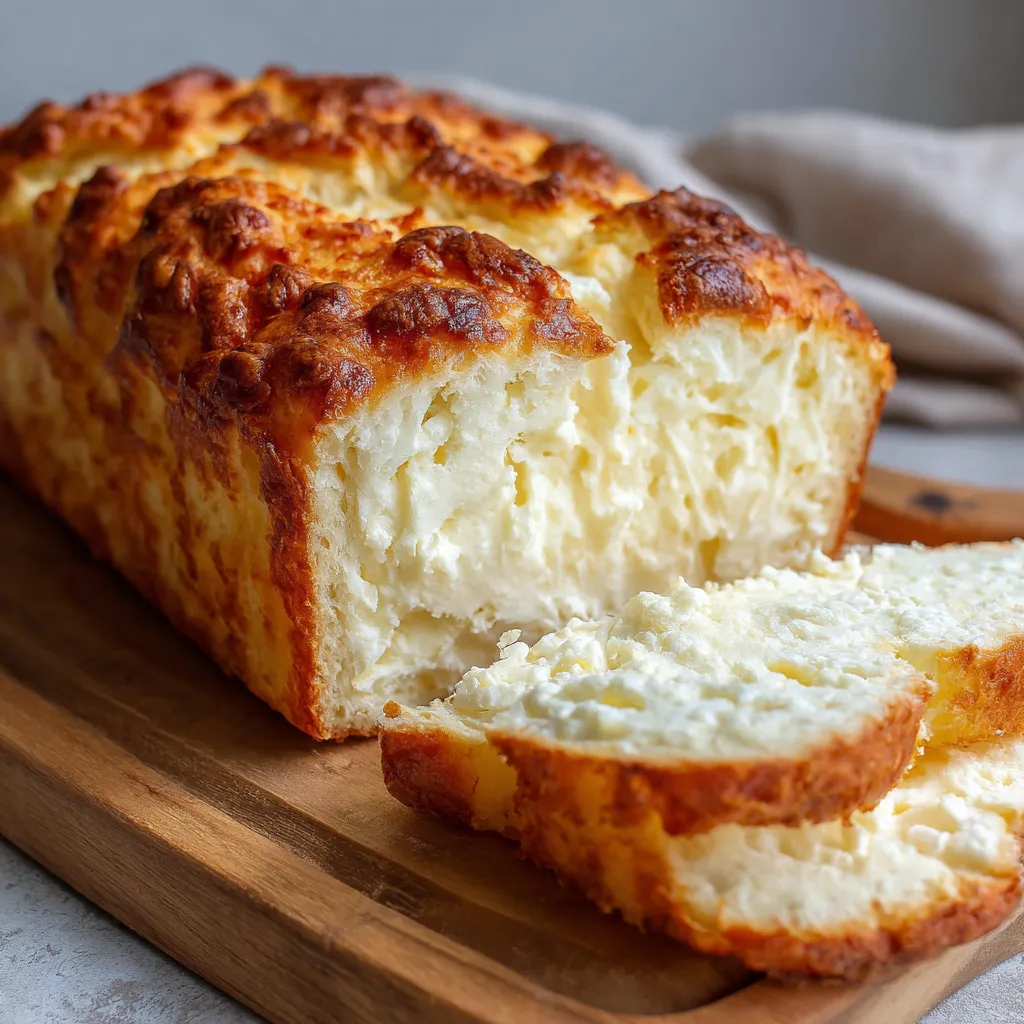 Sliced fluffy cottage cheese bread on a wooden board with butter on the side