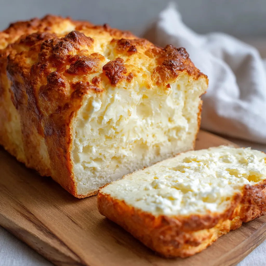 Sliced fluffy cottage cheese bread on a wooden board with butter on the side