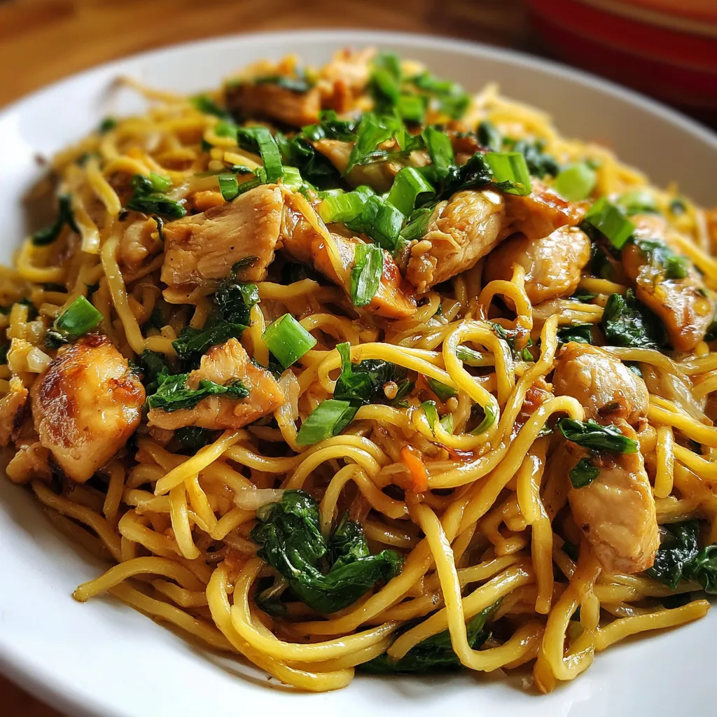 A bowl of Garlic Chicken Lo Mein with colorful vegetables and sesame seeds on top