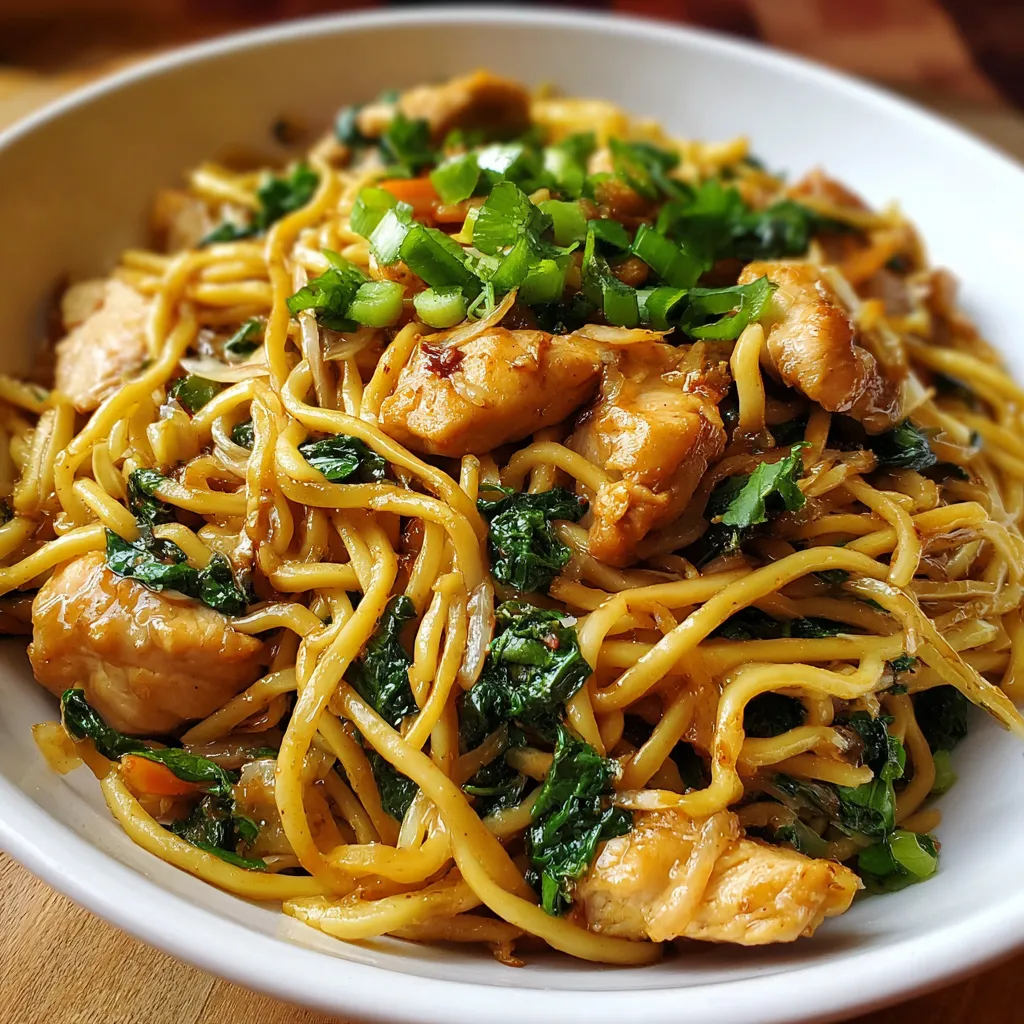 A bowl of Garlic Chicken Lo Mein with colorful vegetables and sesame seeds on top