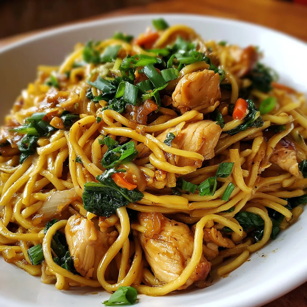 A bowl of Garlic Chicken Lo Mein with colorful vegetables and sesame seeds on top