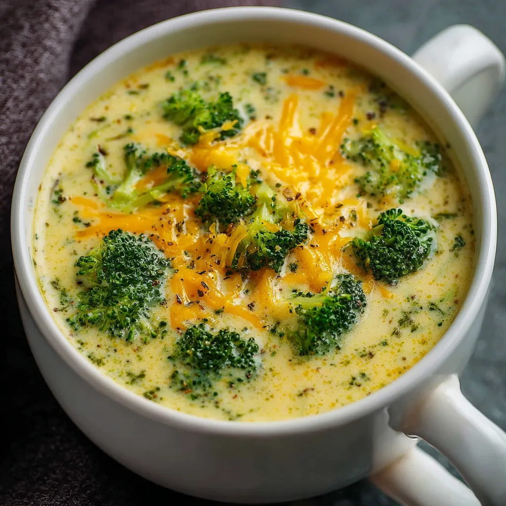 Bowl of creamy high protein broccoli cheddar soup topped with shredded cheese and fresh herbs