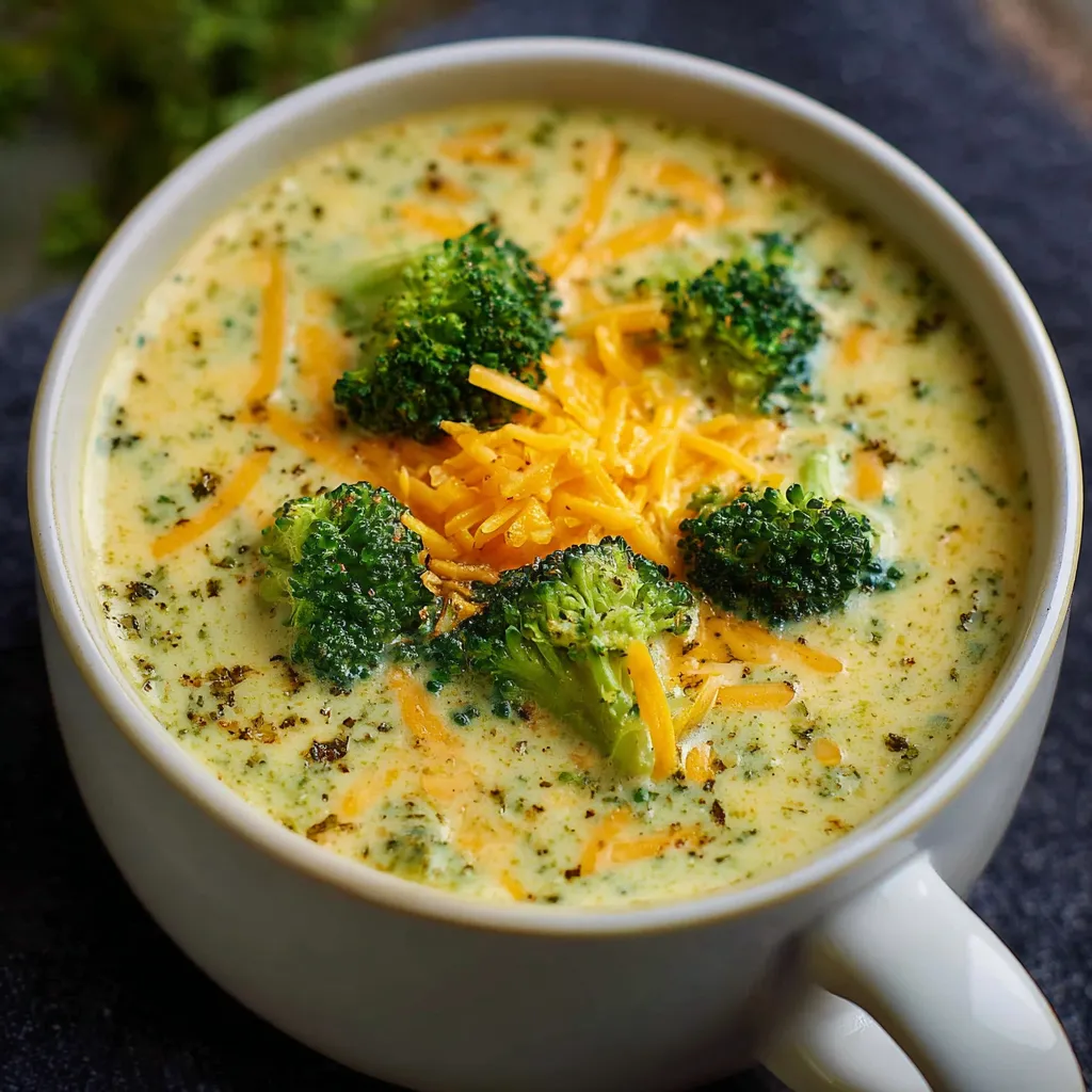 Bowl of creamy high protein broccoli cheddar soup topped with shredded cheese and fresh herbs