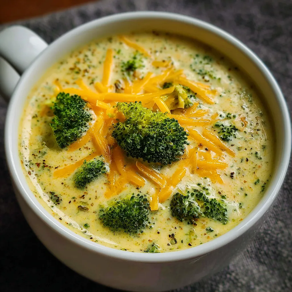 Bowl of creamy high protein broccoli cheddar soup topped with shredded cheese and fresh herbs