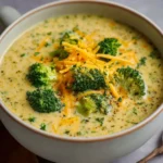 Bowl of creamy high protein broccoli cheddar soup topped with shredded cheese and fresh herbs
