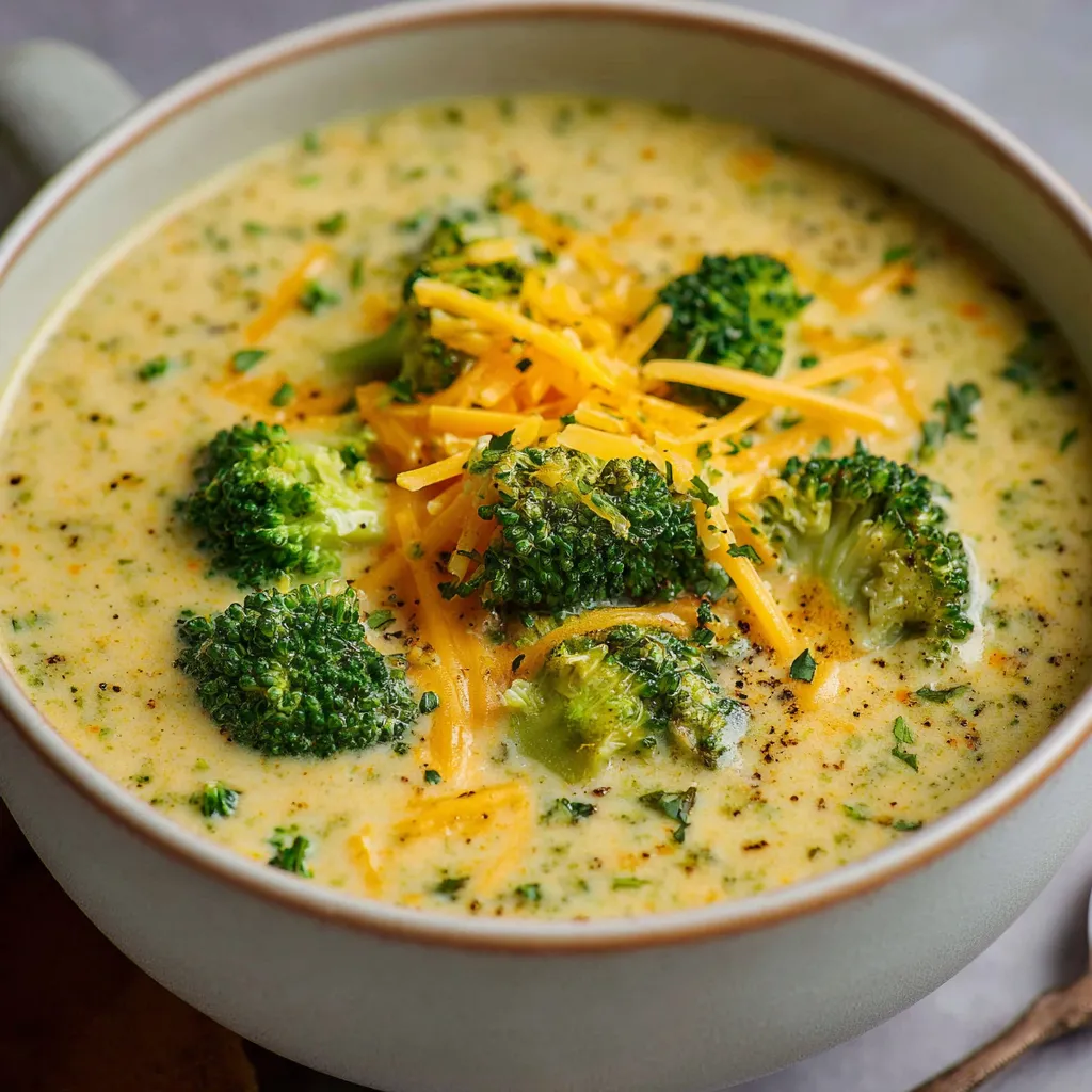 Bowl of creamy high protein broccoli cheddar soup topped with shredded cheese and fresh herbs