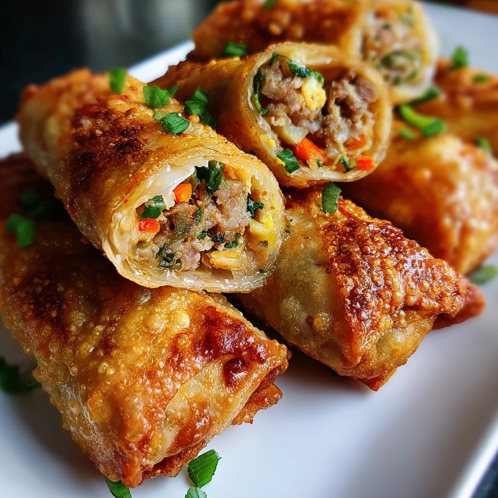Freshly fried homemade egg rolls stacked on a plate with dipping sauces