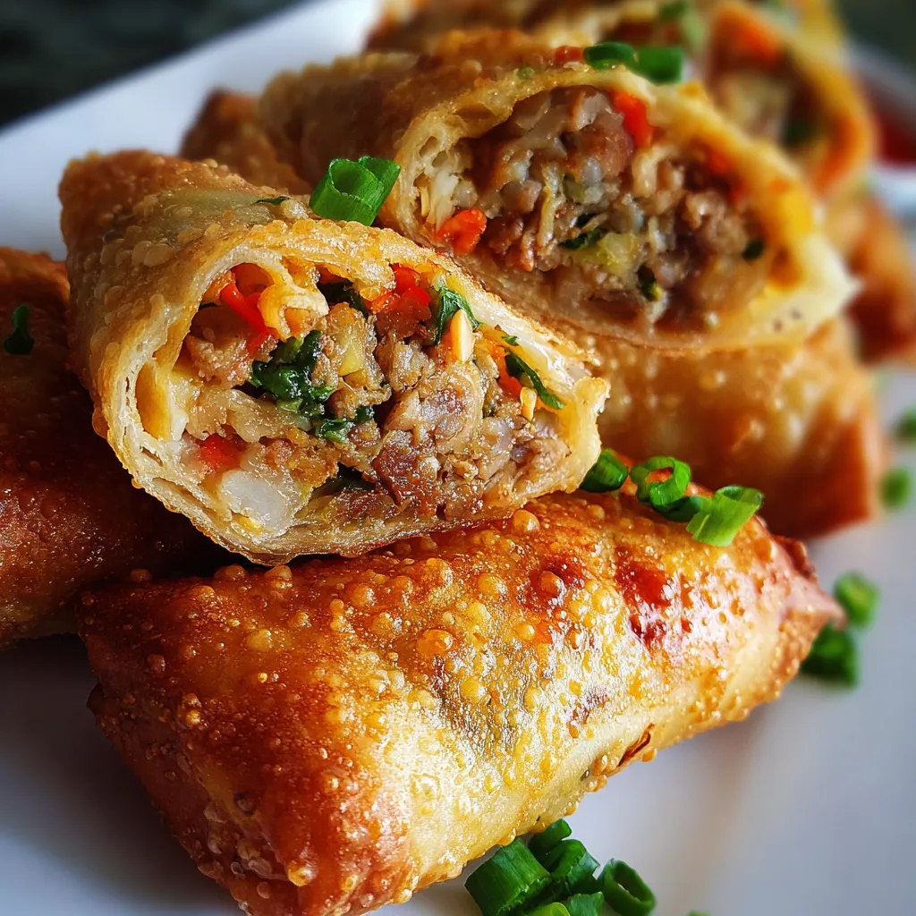 Freshly fried homemade egg rolls stacked on a plate with dipping sauces