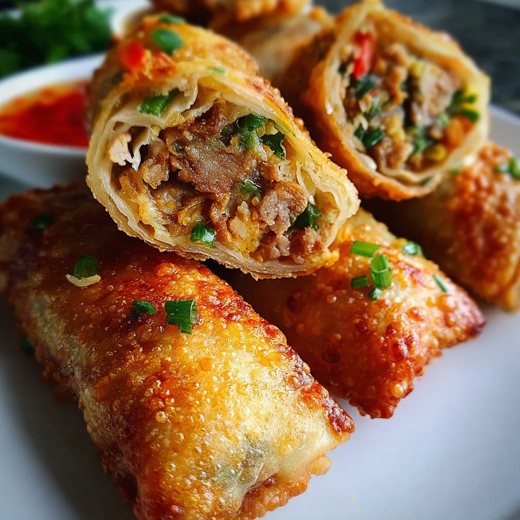 Freshly fried homemade egg rolls stacked on a plate with dipping sauces