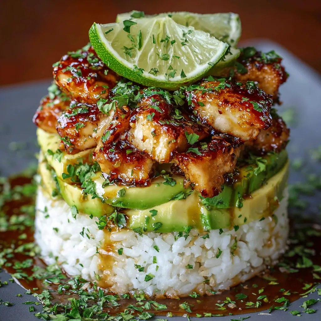 Plated honey lime chicken and avocado rice stack with lime wedge and cilantro garnish