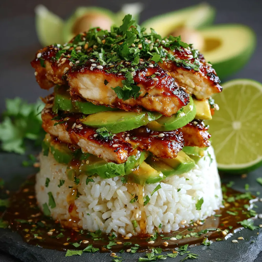 Plated honey lime chicken and avocado rice stack with lime wedge and cilantro garnish