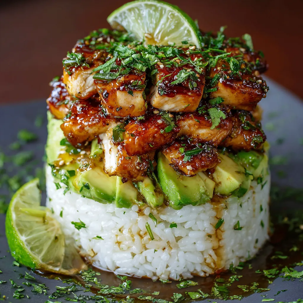Plated honey lime chicken and avocado rice stack with lime wedge and cilantro garnish
