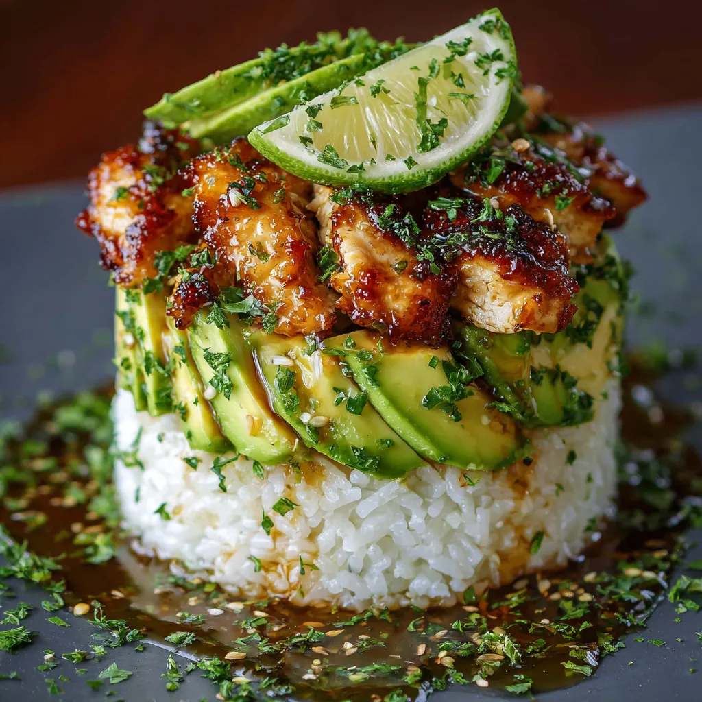 Plated honey lime chicken and avocado rice stack with lime wedge and cilantro garnish