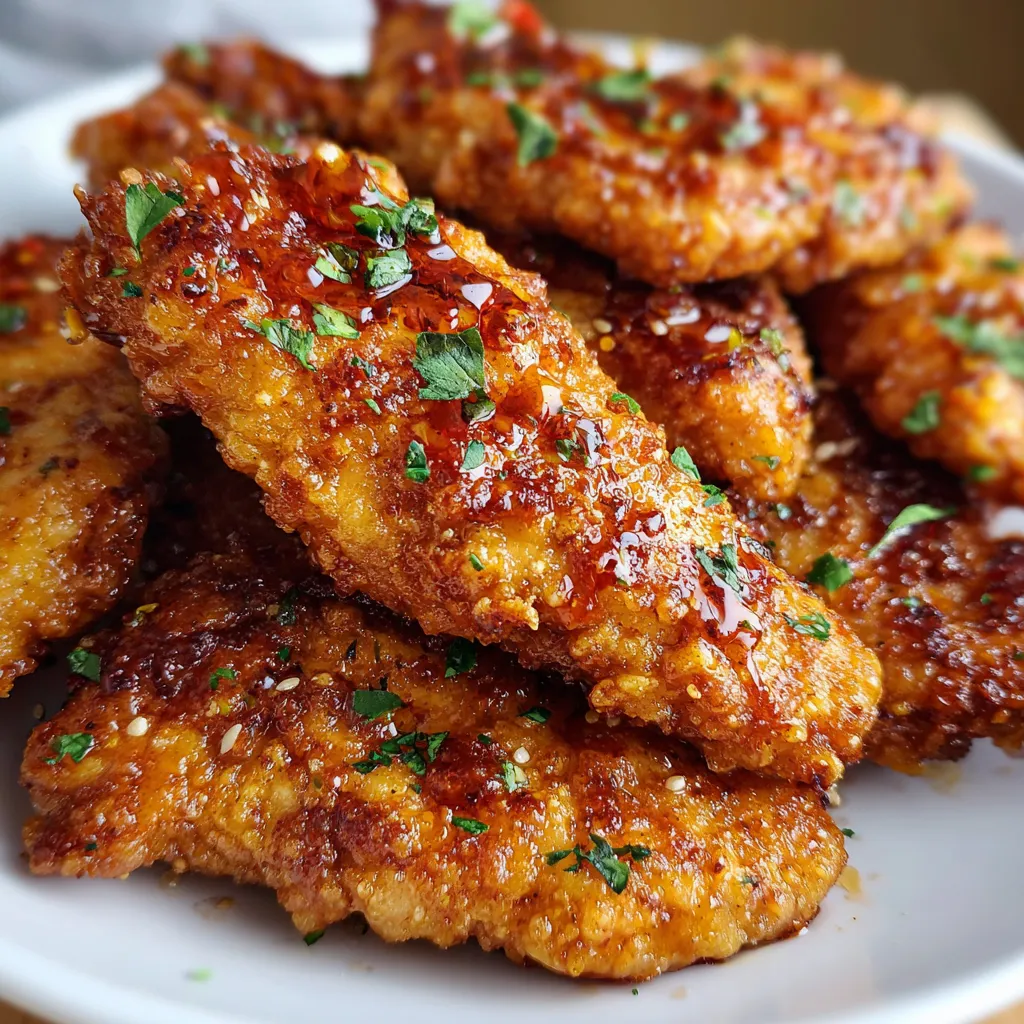 Crispy keto chicken tenders drizzled with hot honey glaze on a plate
