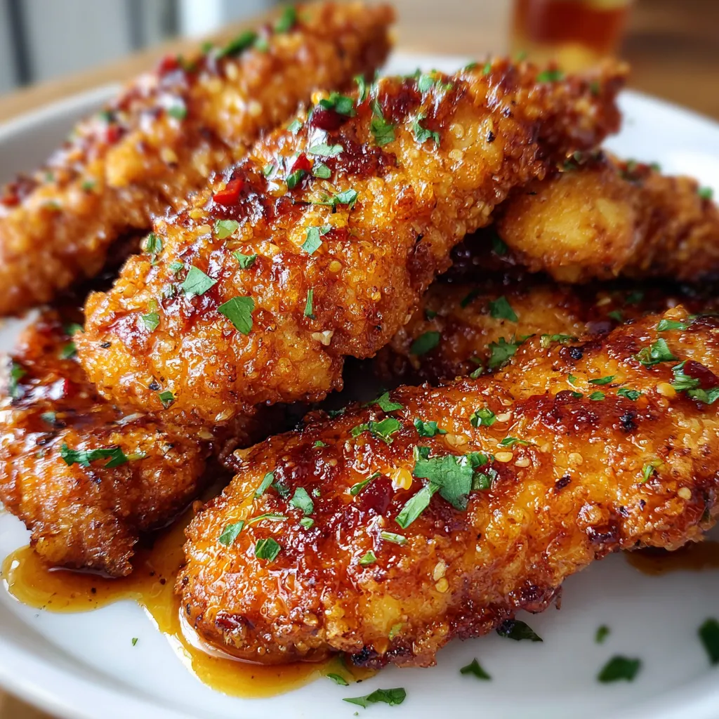 Crispy keto chicken tenders drizzled with hot honey glaze on a plate