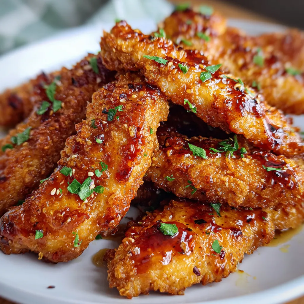 Crispy keto chicken tenders drizzled with hot honey glaze on a plate