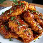Crispy keto chicken tenders drizzled with hot honey glaze on a plate