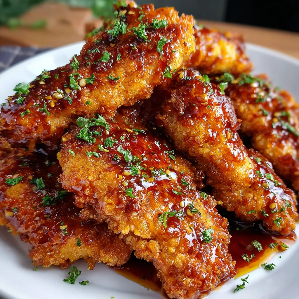 Crispy keto chicken tenders drizzled with hot honey glaze on a plate
