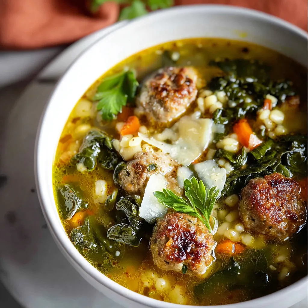 Bowl of Italian Wedding Soup with meatballs, pasta, and spinach garnished with Parmesan and parsley.