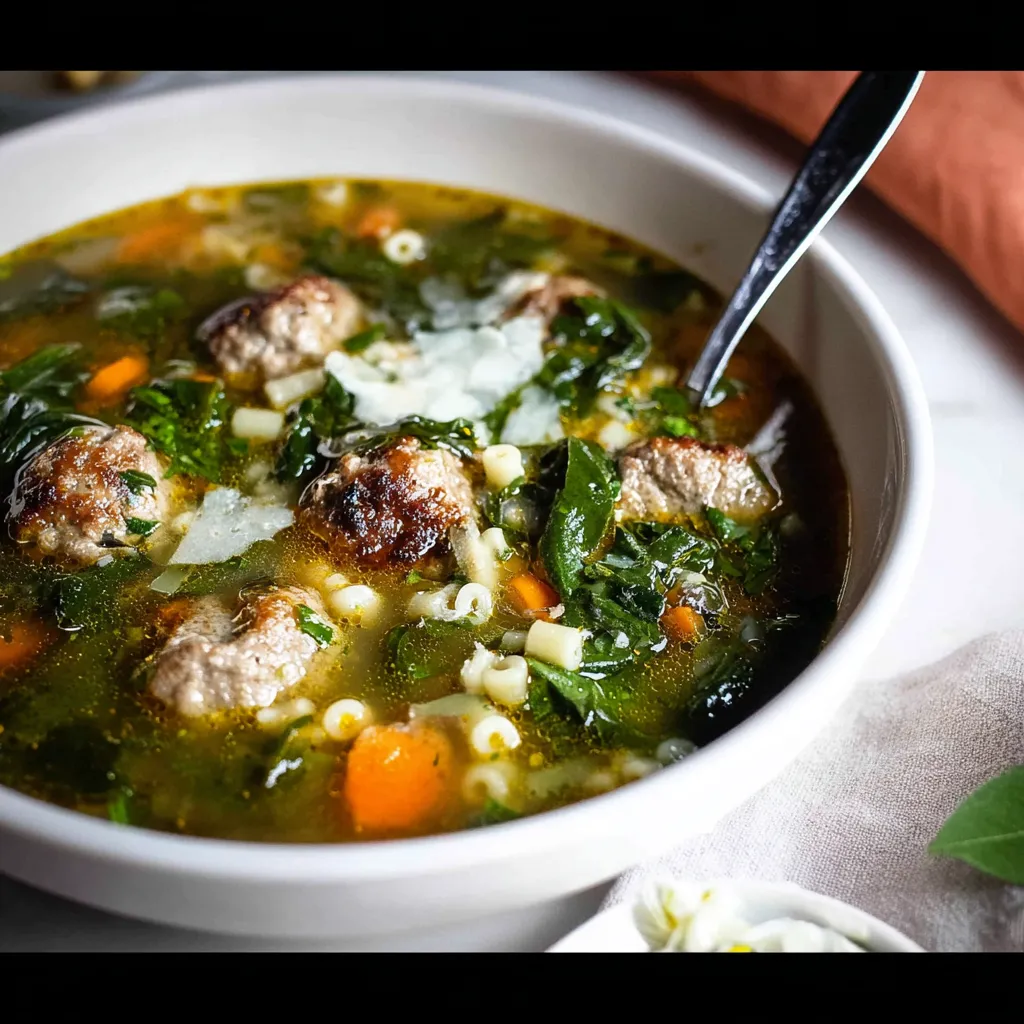 Bowl of Italian Wedding Soup with meatballs, pasta, and spinach garnished with Parmesan and parsley.