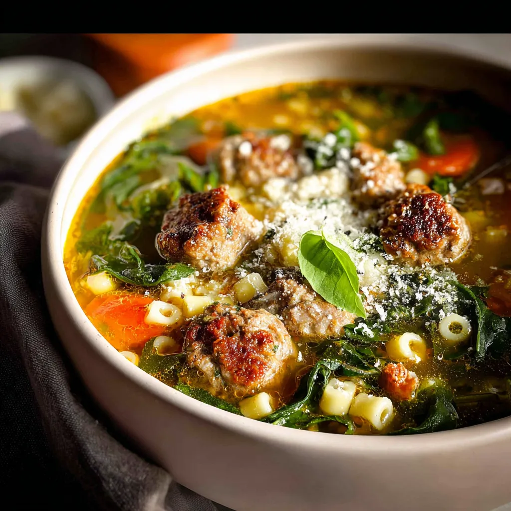 Bowl of Italian Wedding Soup with meatballs, pasta, and spinach garnished with Parmesan and parsley.